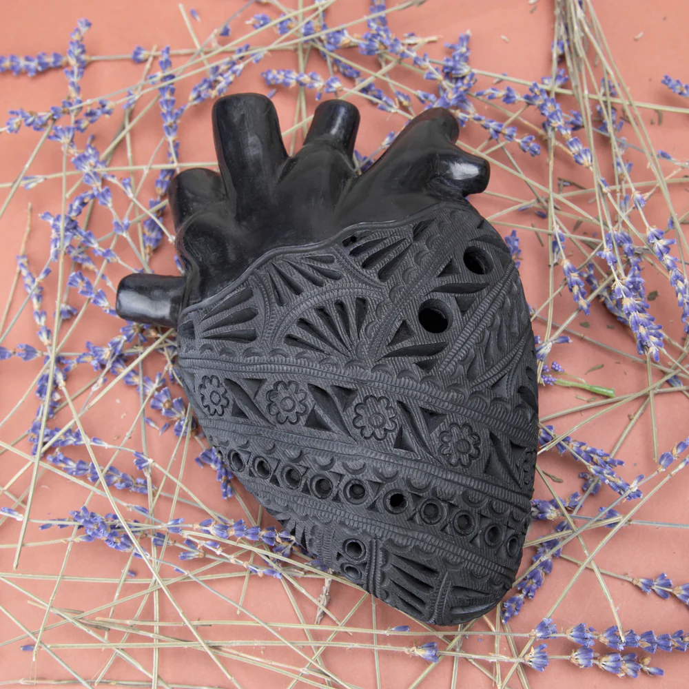 Carved Barro Negro, Black Clay, Heart Wall Art Sculpture - Image 3