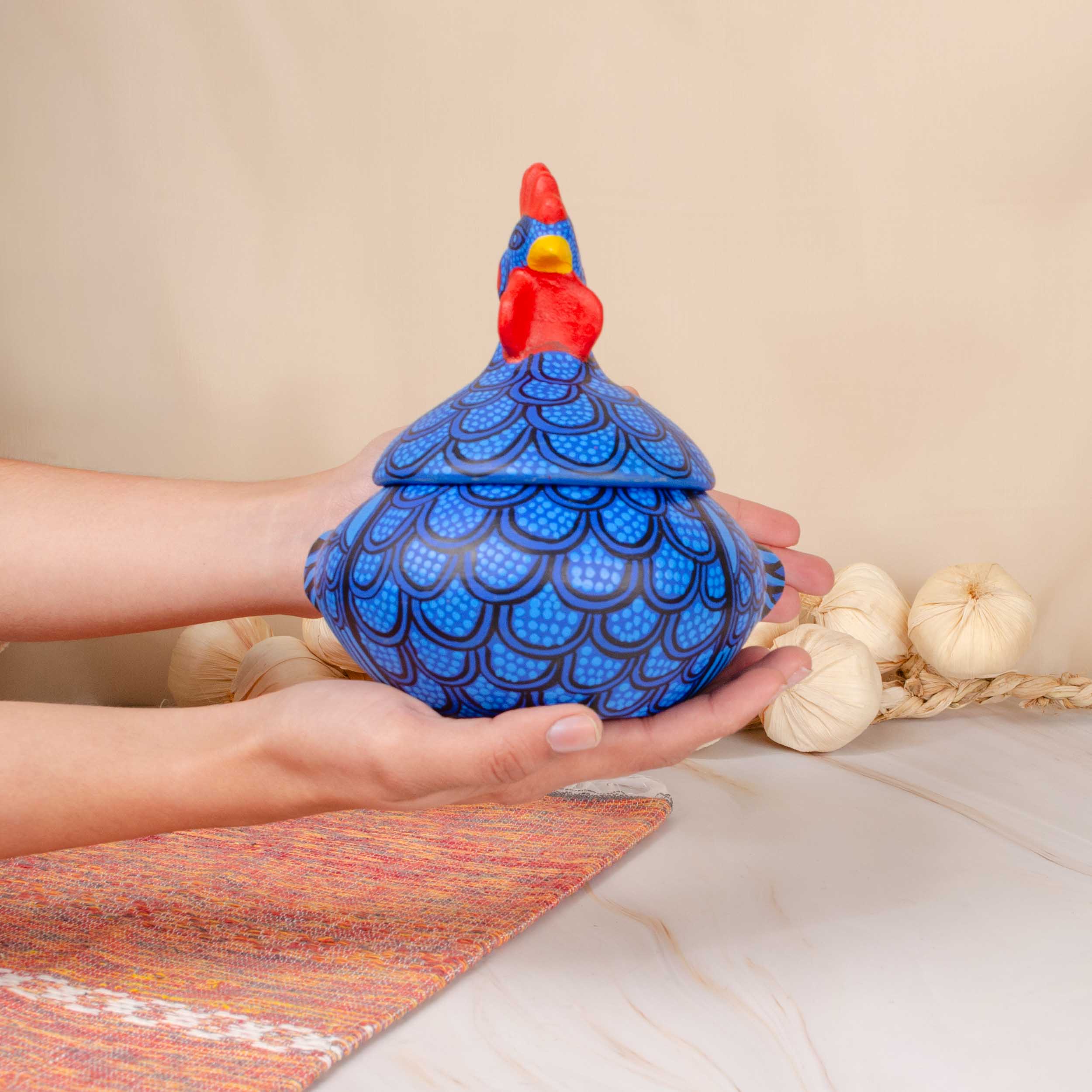 Hand Painted Clay Chicken Bowl with Lid - Image 3