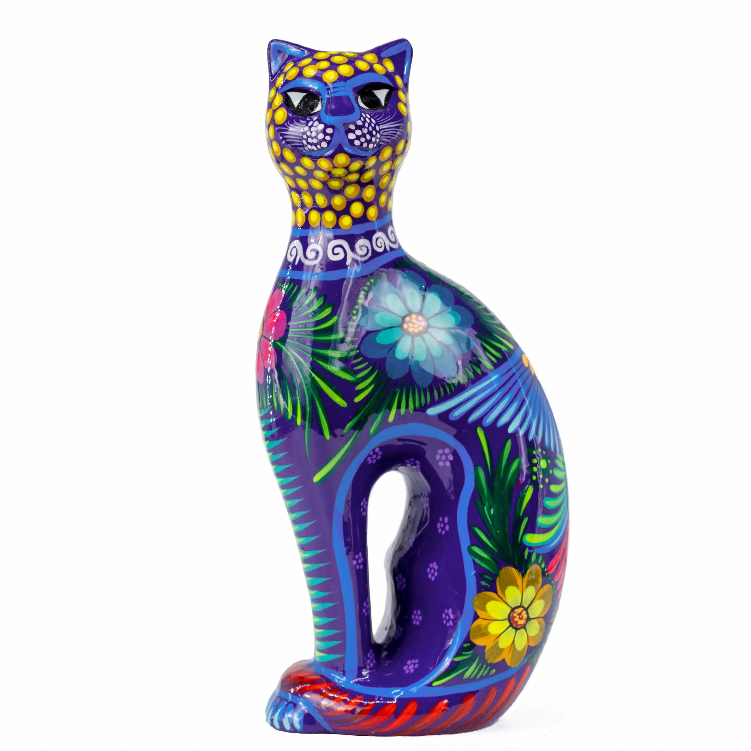 Hand-Painted Xalitla Cat Piggybank Sculpture - Image 12