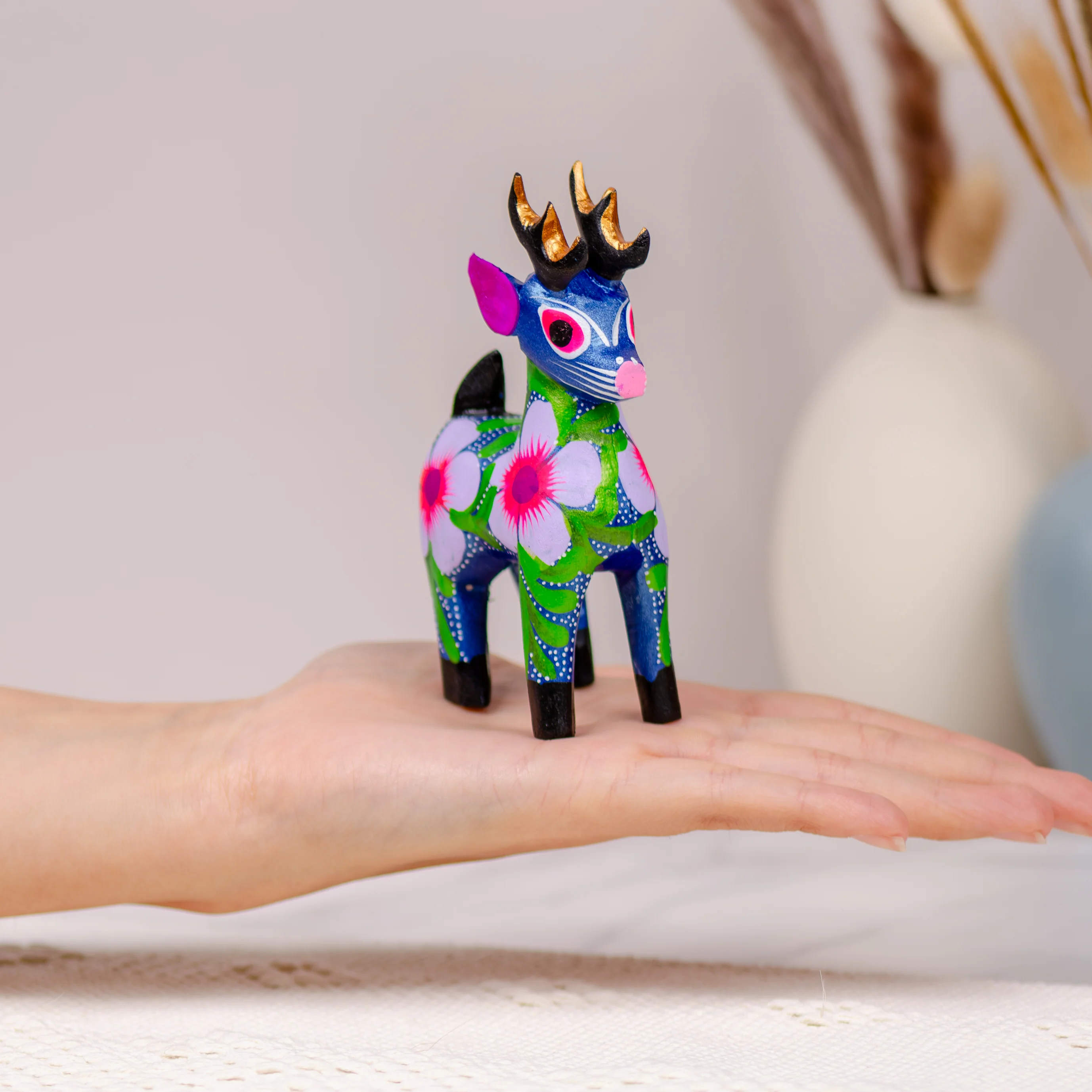 Large Hand Painted Deer Wooden Figurine - Image 2