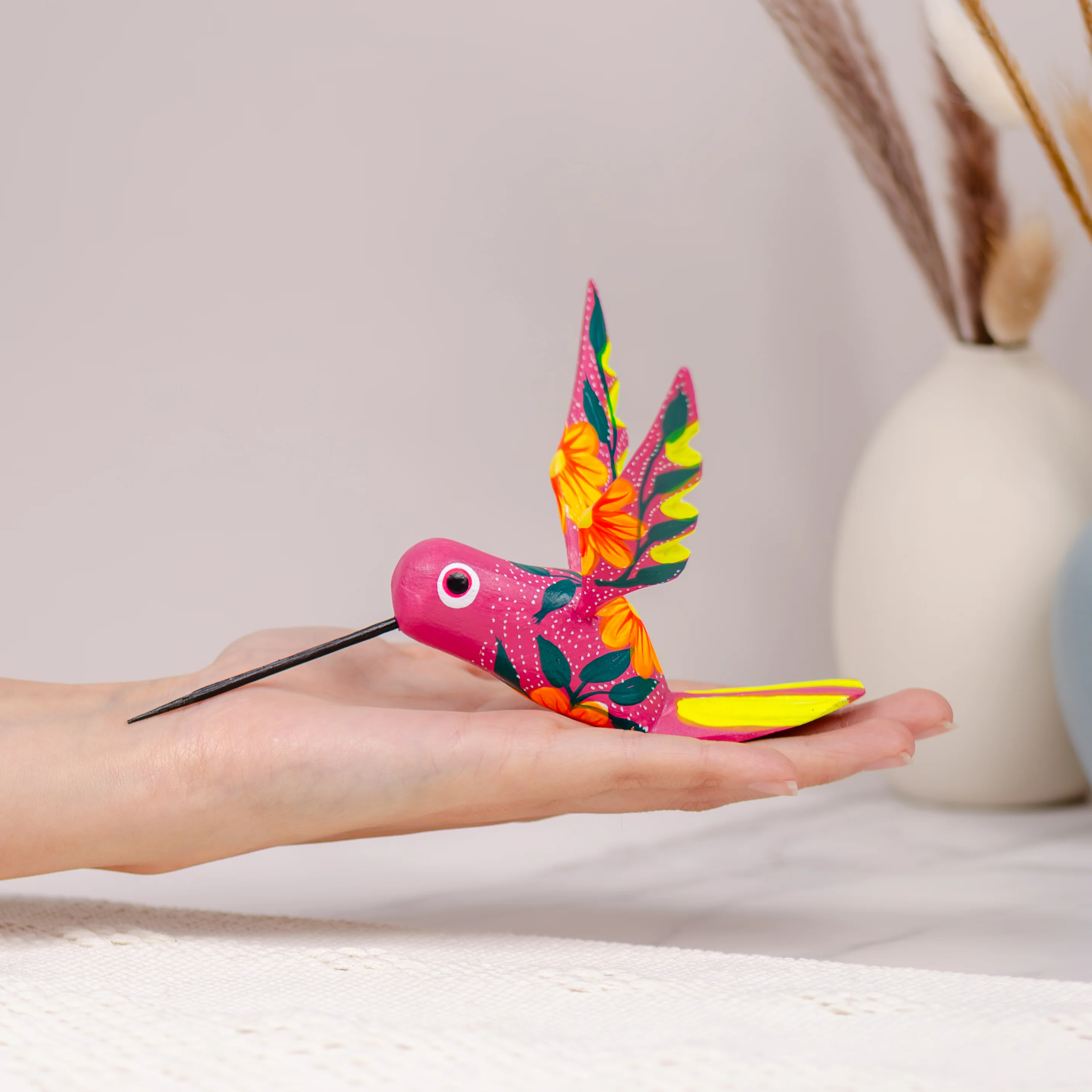Large Hand Painted Hummingbird Wooden Figurine - Image 2