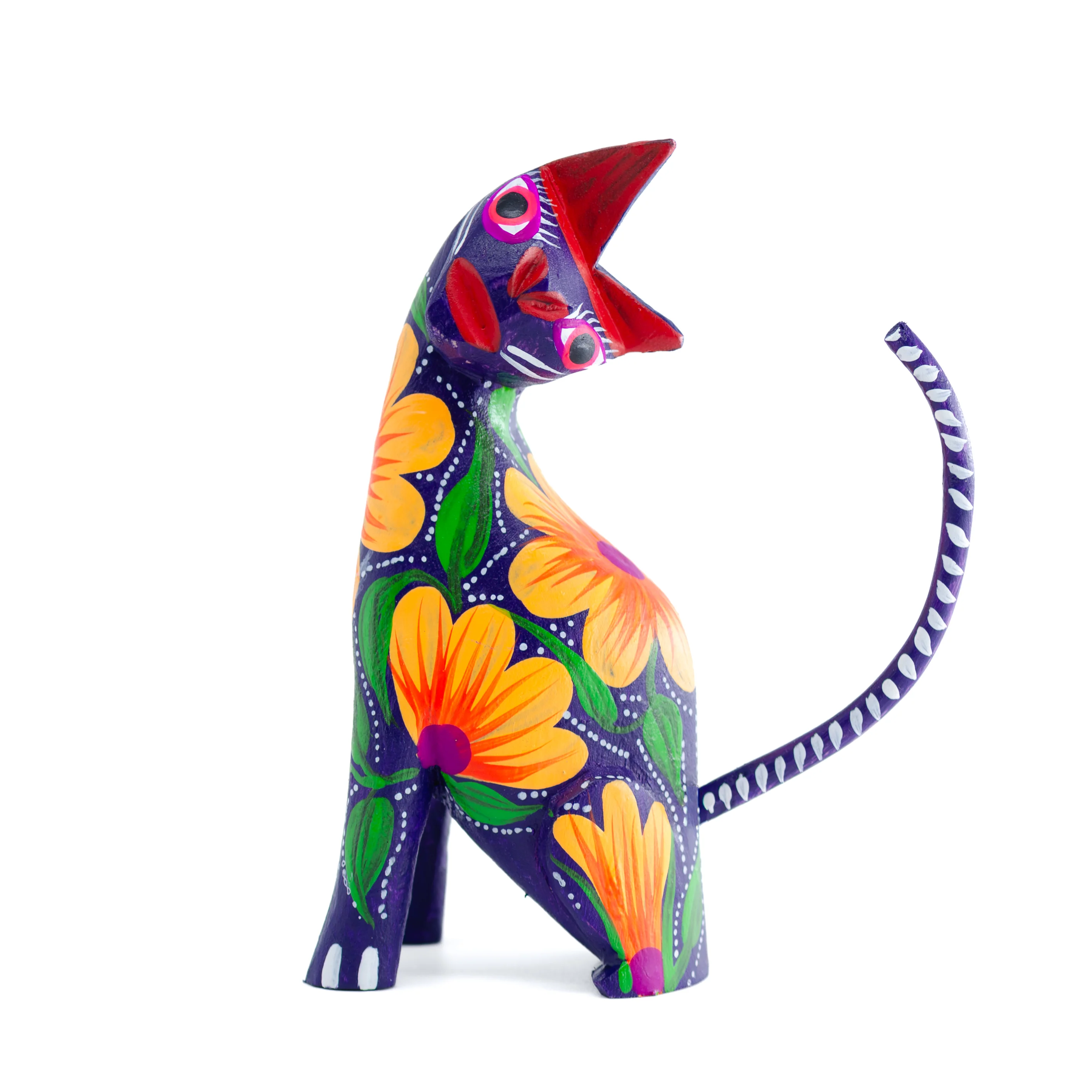 Large Hand Painted Neck Side Bend Cat Wooden Figurine - Image 12