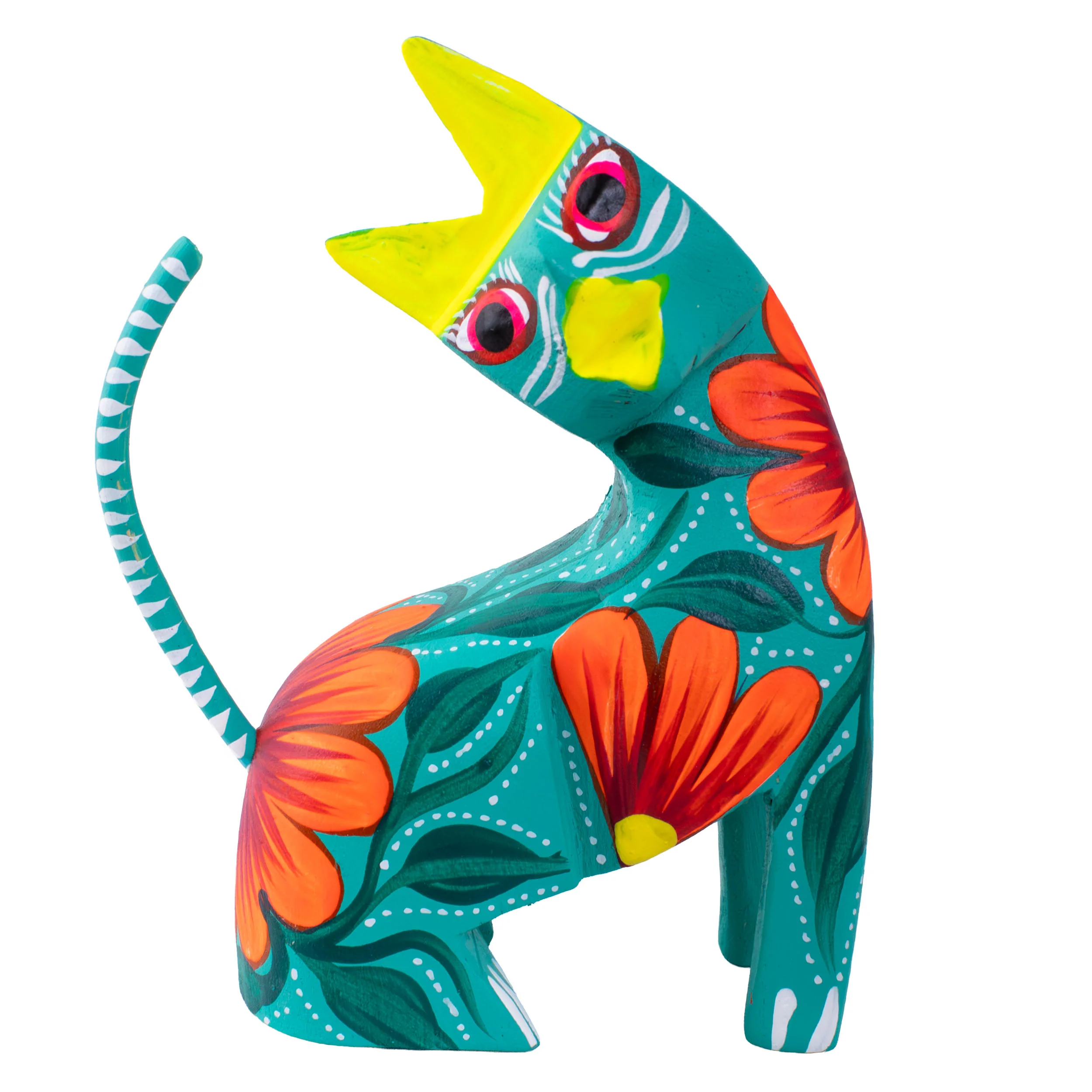 Large Hand Painted Neck Side Bend Cat Wooden Figurine - Image 16