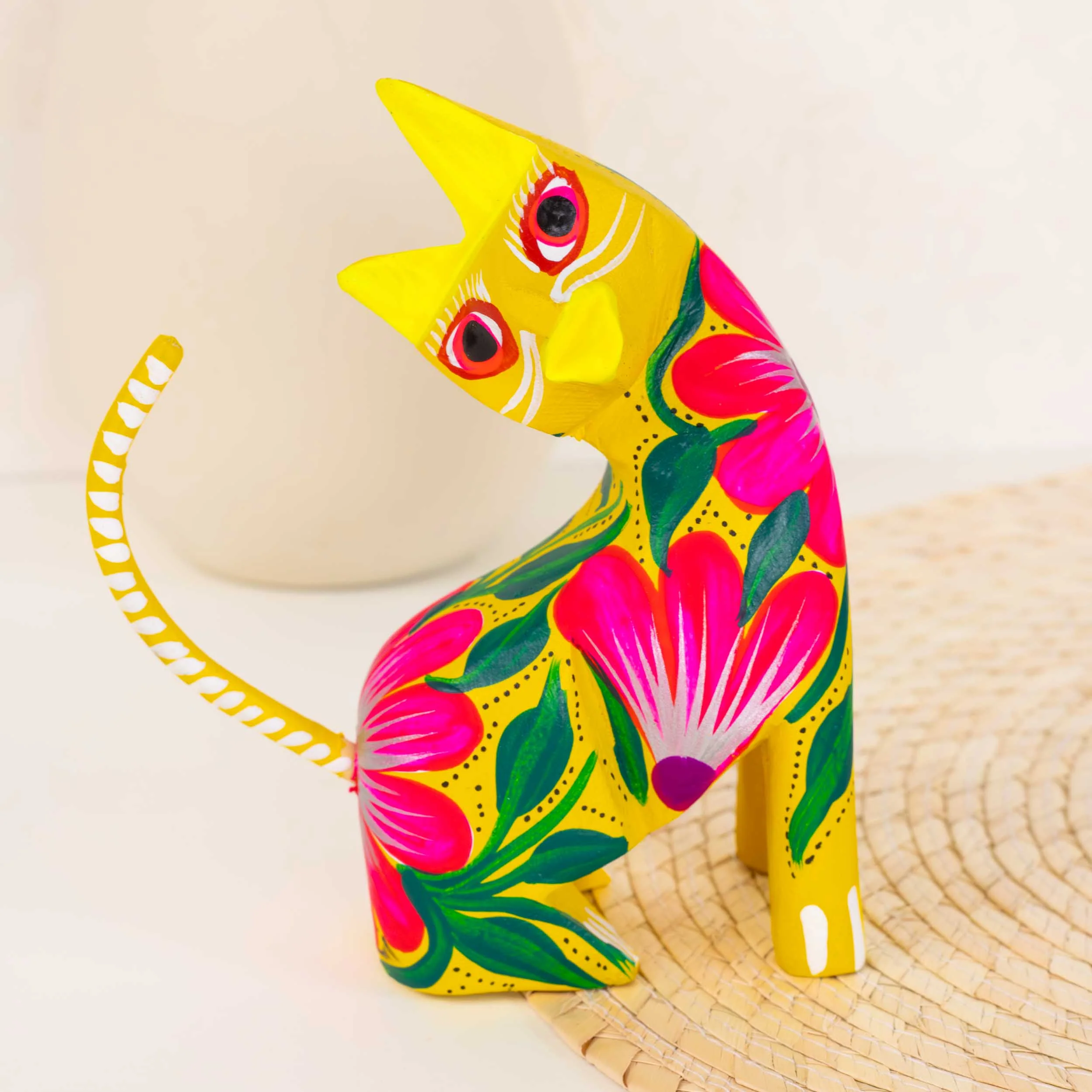 Large Hand Painted Neck Side Bend Cat Wooden Figurine - Image 3