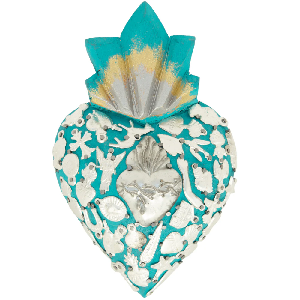 Medium Wooden Sacred Heart with Milagritos - Image 12