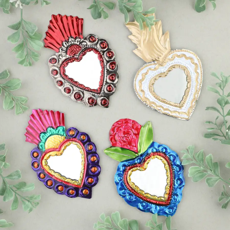 Medium Mexican Crown Milagro Tin Heart with Mirror - Image 5