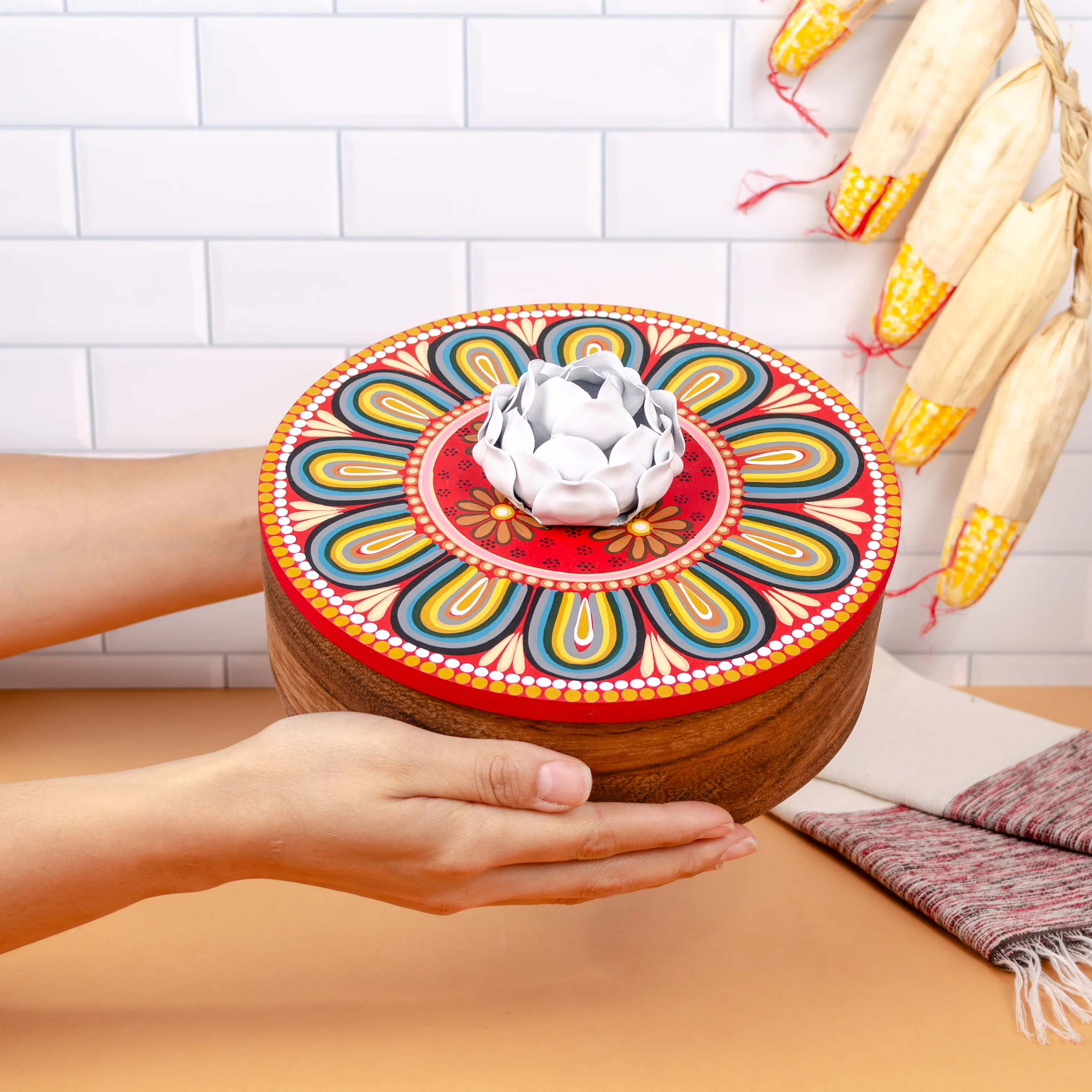 Hand-painted Parota Solid Wood Kitchen Tortillero/Basket - Image 3