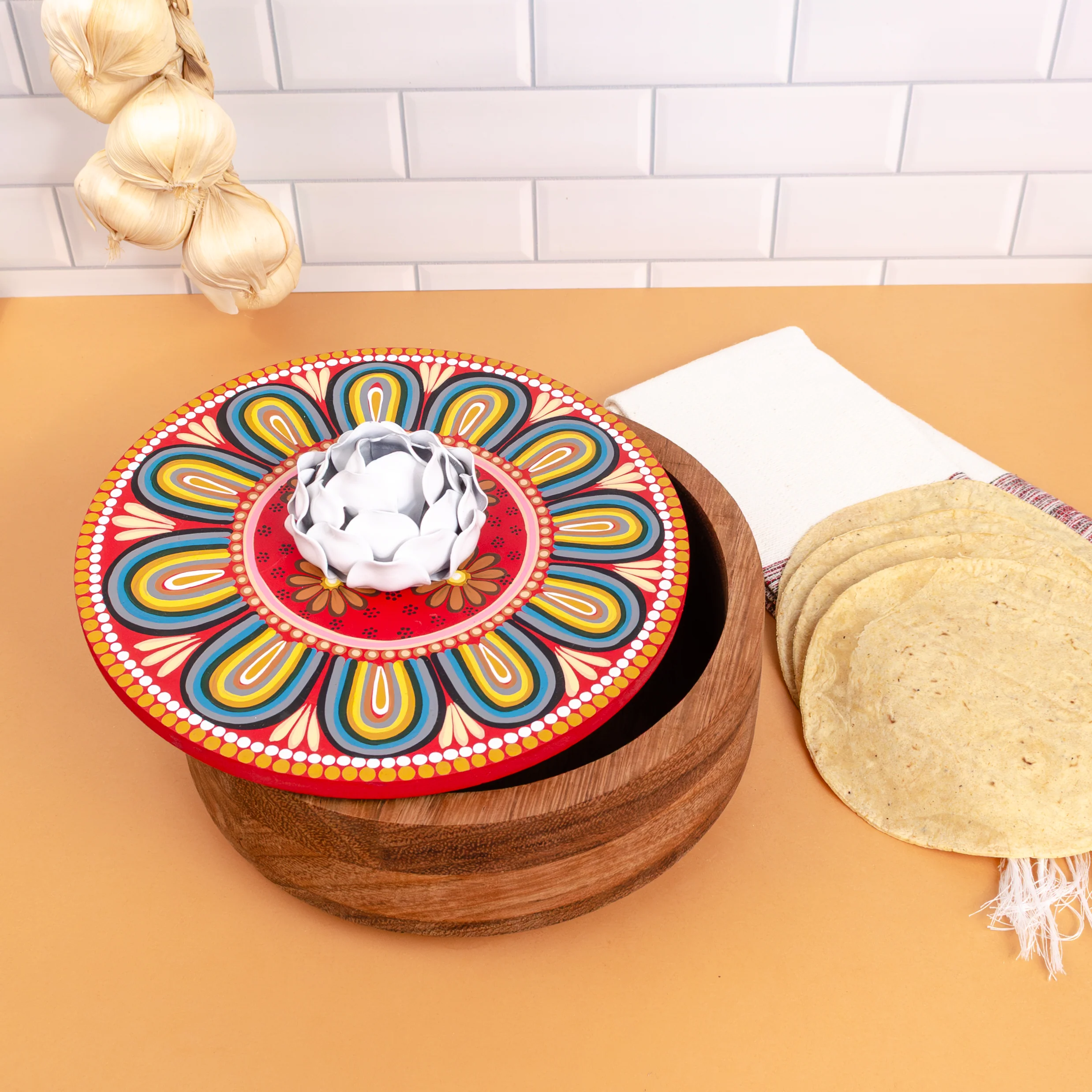 Hand-painted Parota Solid Wood Kitchen Tortillero/Basket - Image 6