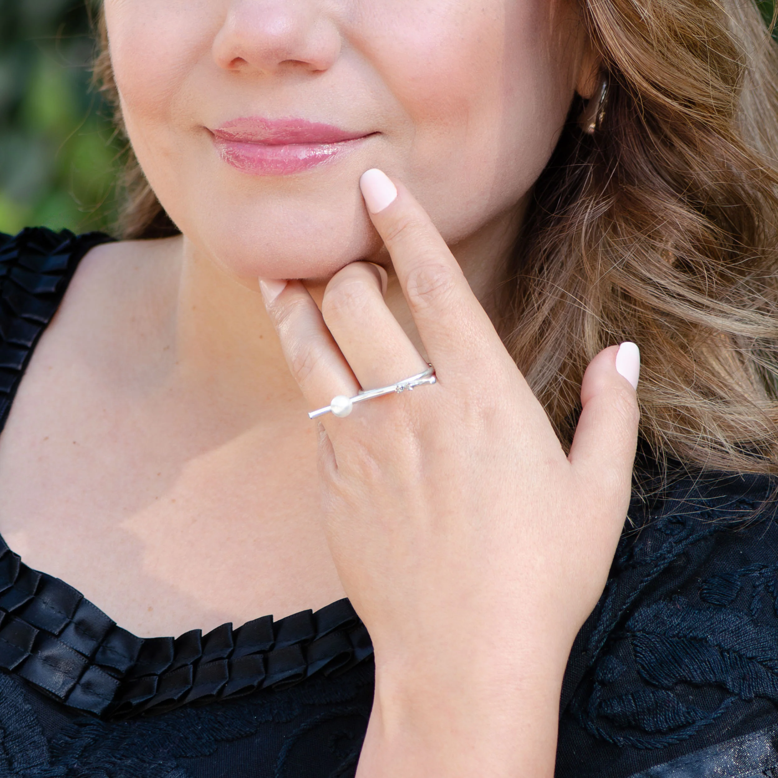 Sterling Silver Curved Ring with Faux Pearl - Image 3