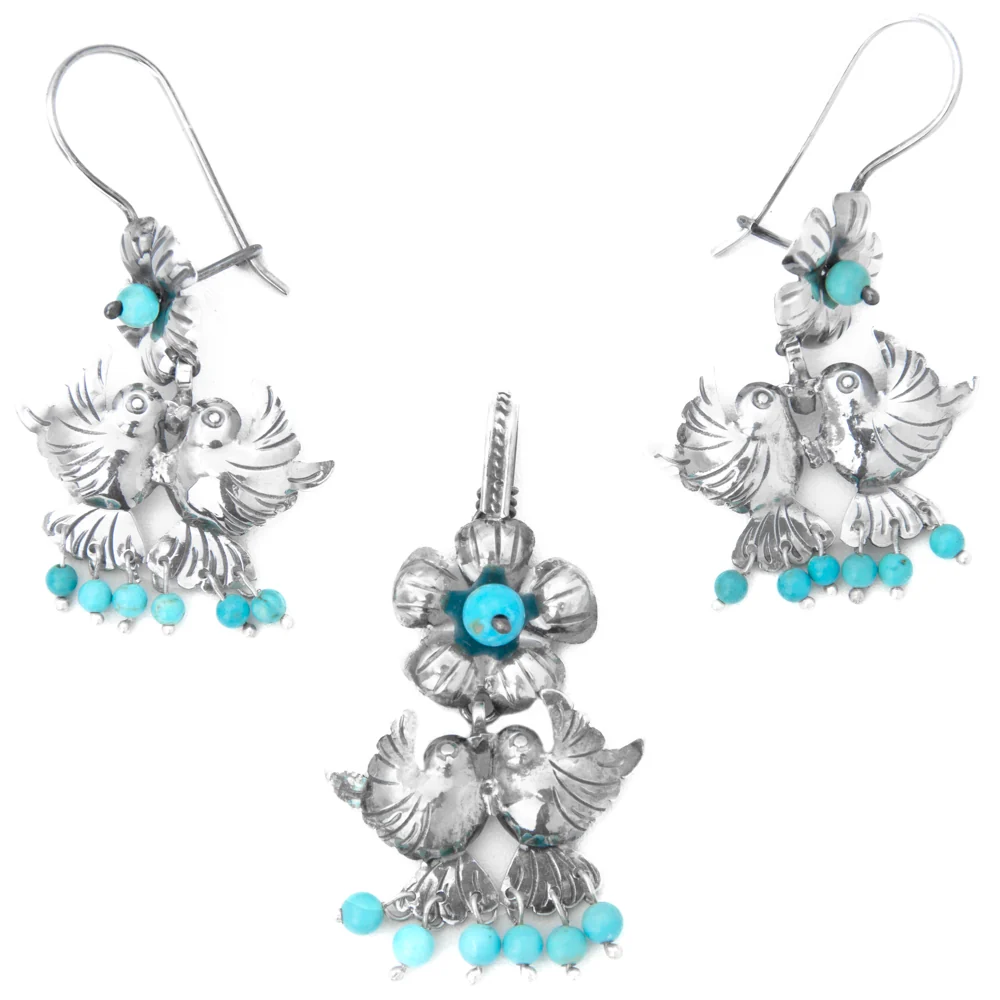 Sterling Silver Pajaritos con Flores Mazahua Earrings & Pendant Set - Image 3