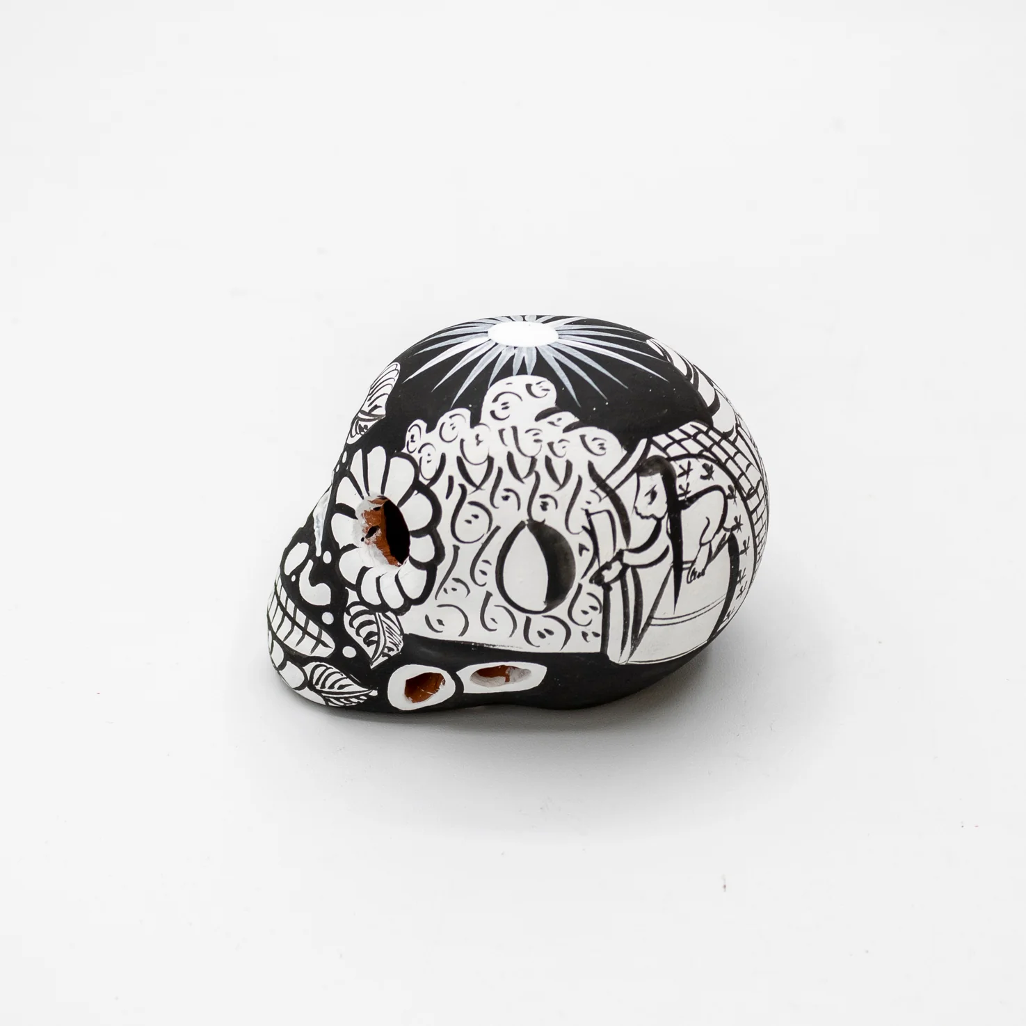 Storytelling Hand-Painted Black and White Xalitla Clay Sugar Skull - Image 11