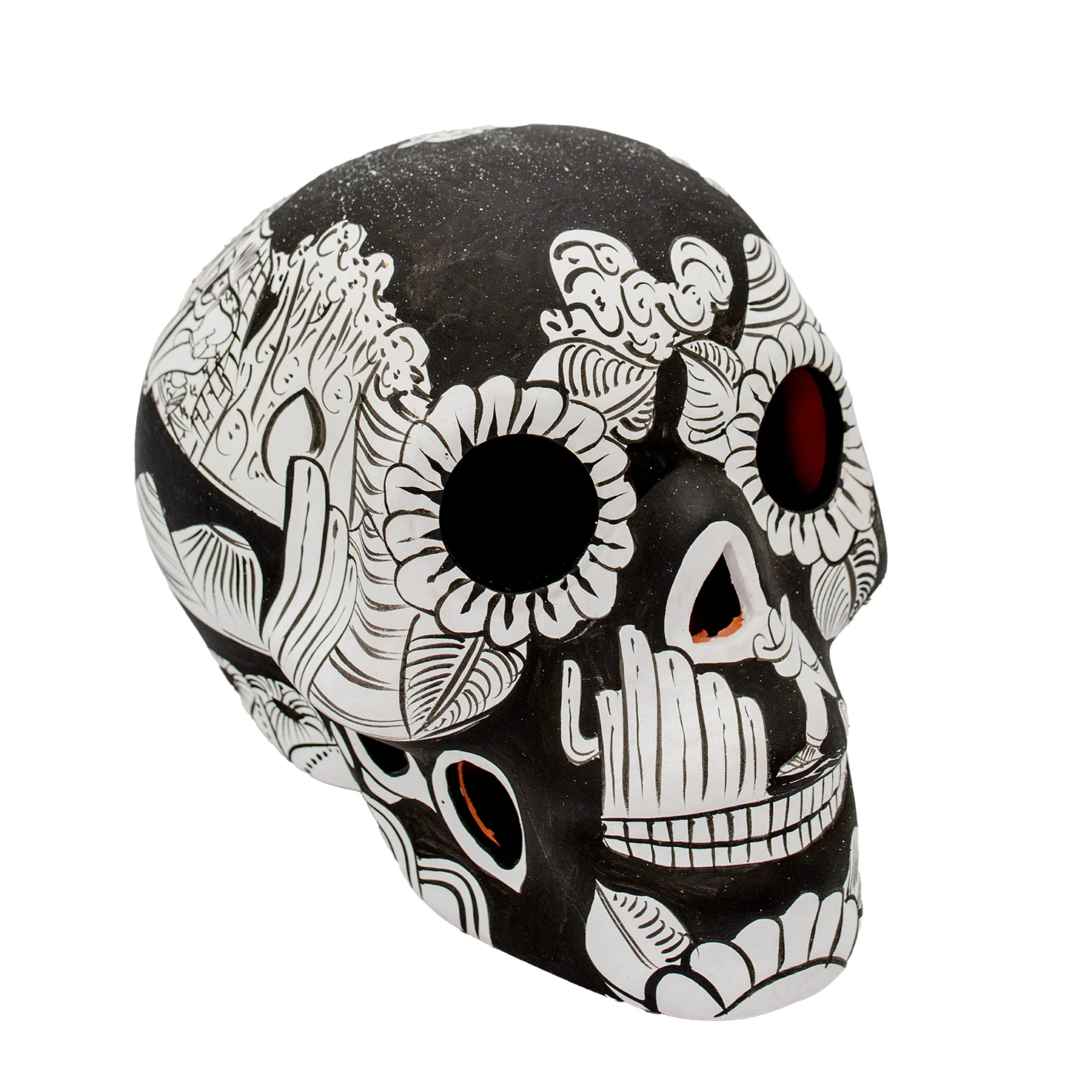 Storytelling Hand-Painted Black and White Xalitla Clay Sugar Skull - Image 12
