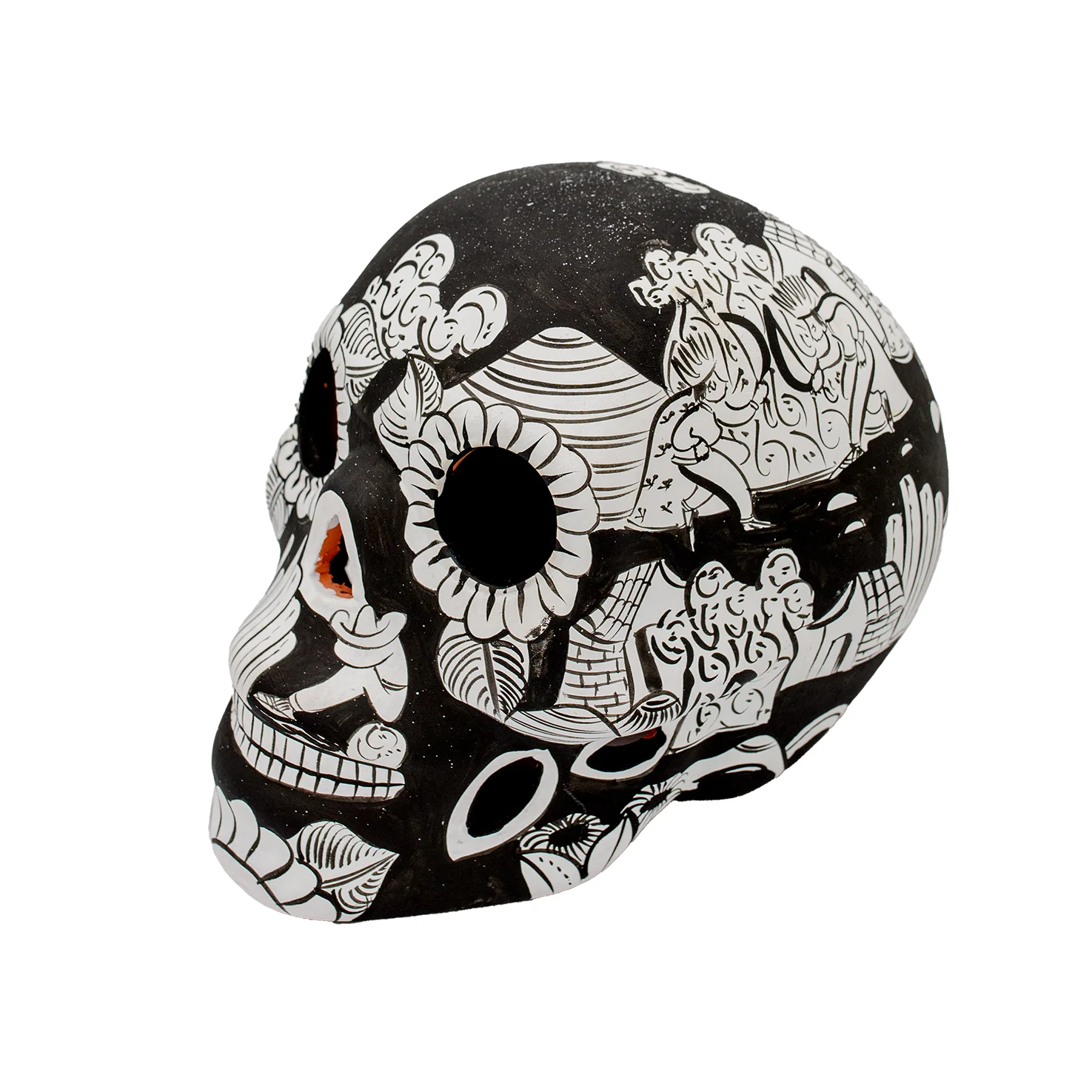 Storytelling Hand-Painted Black and White Xalitla Clay Sugar Skull - Image 13