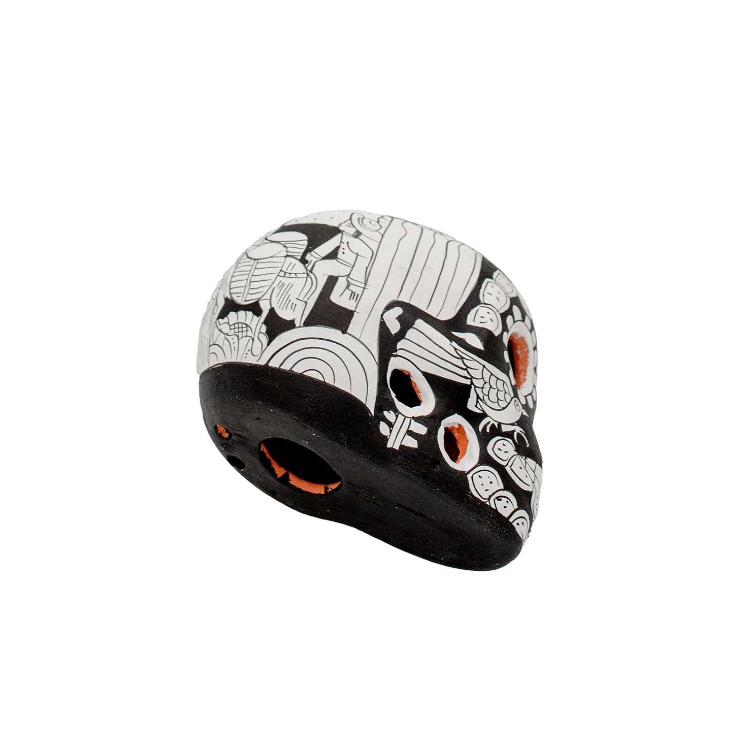 Storytelling Hand-Painted Black and White Xalitla Clay Sugar Skull - Image 16