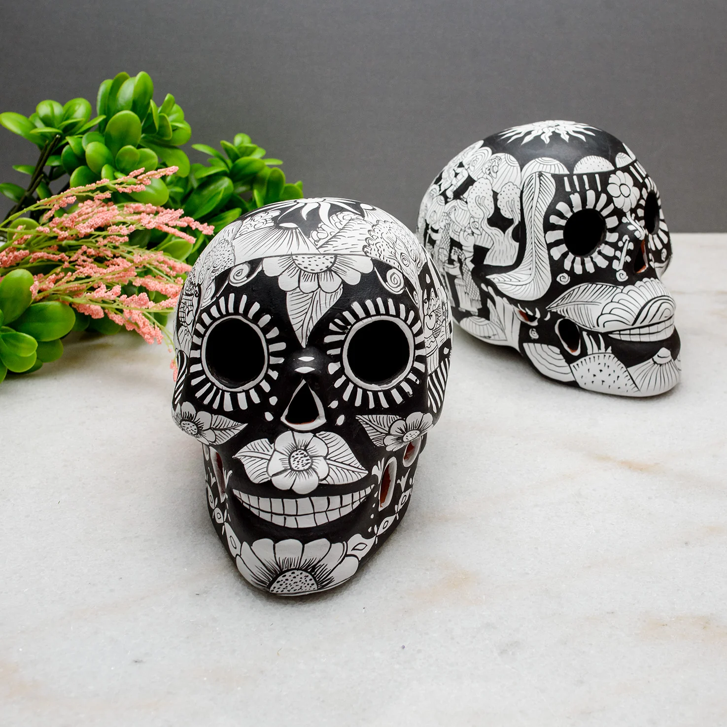 Storytelling Hand-Painted Black and White Xalitla Clay Sugar Skull - Image 18