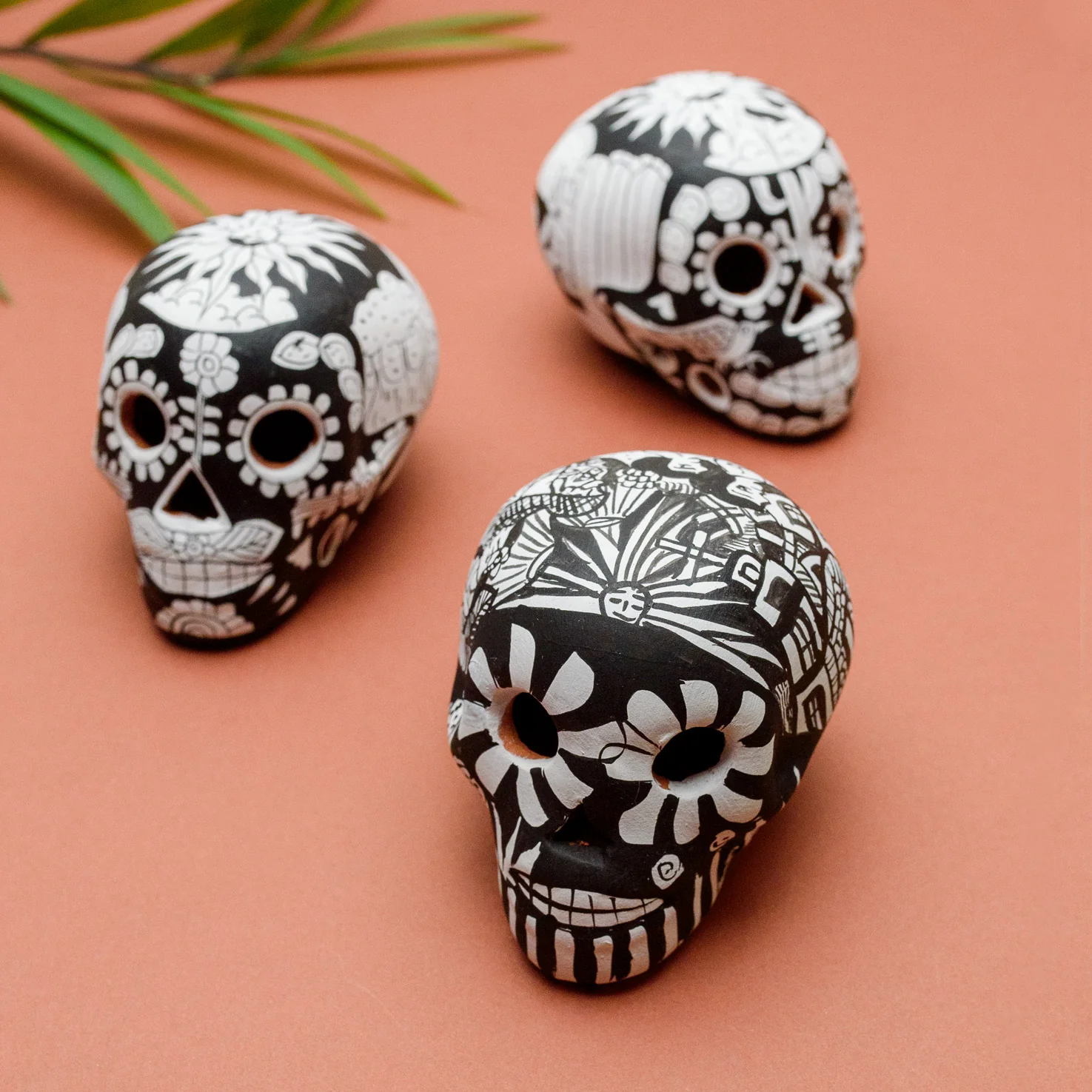 Storytelling Hand-Painted Black and White Xalitla Clay Sugar Skull - Image 19