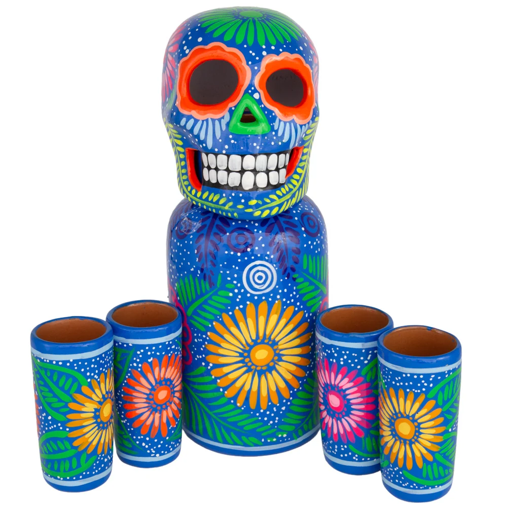 Hand-Painted Sugar Skull Top Decanter and Shot Glasses Set - Image 11
