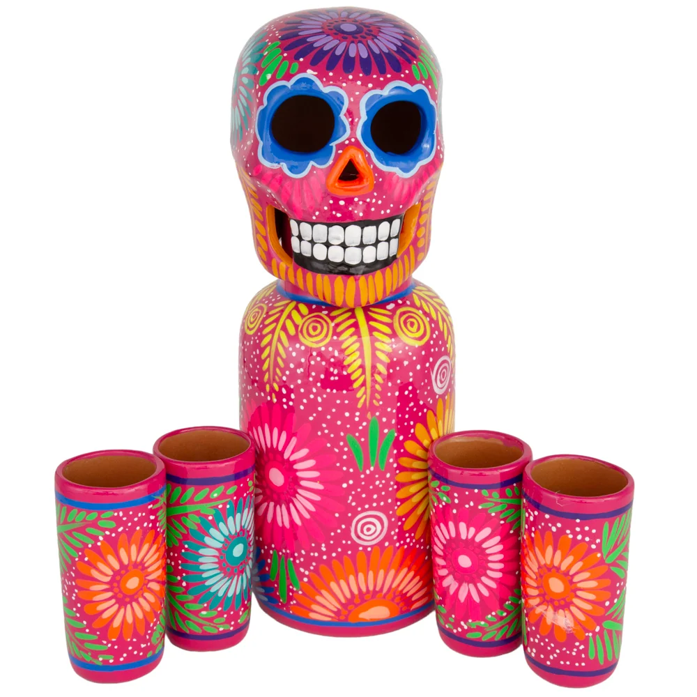 Hand-Painted Sugar Skull Top Decanter and Shot Glasses Set - Image 12