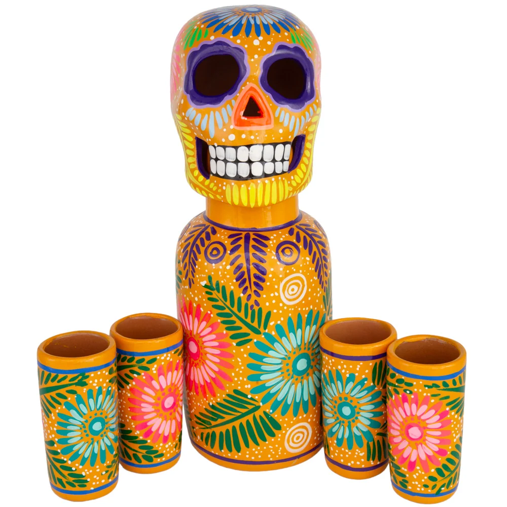 Hand-Painted Sugar Skull Top Decanter and Shot Glasses Set - Image 13