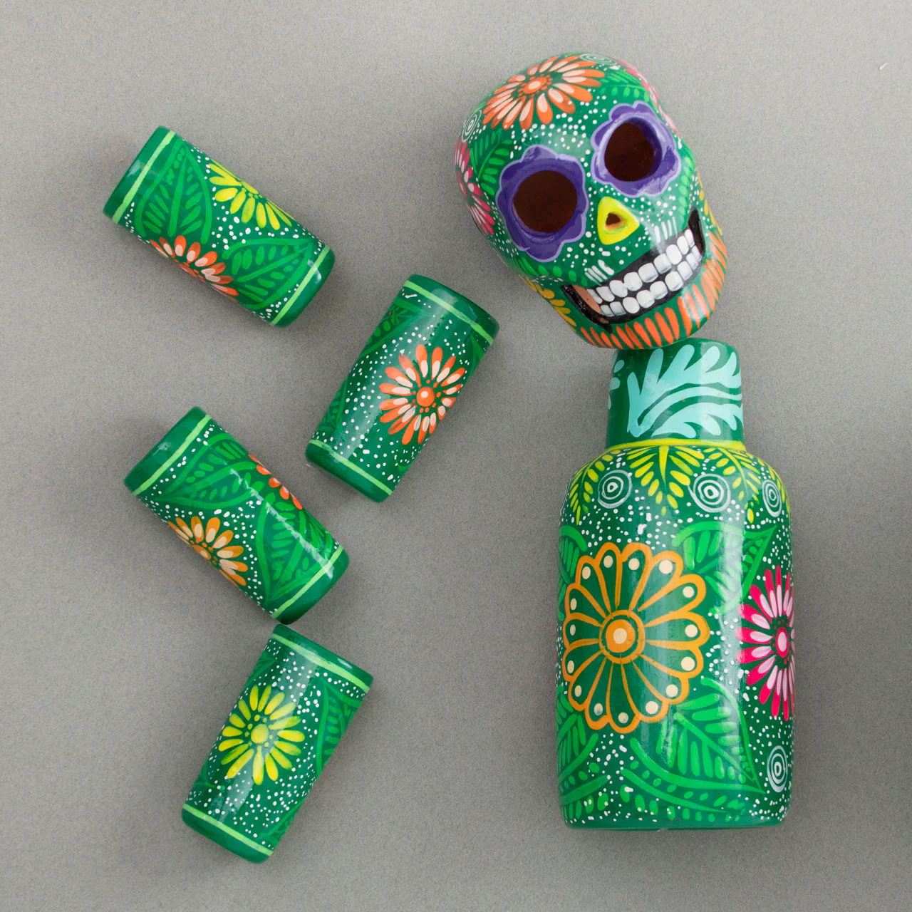 Hand-Painted Sugar Skull Top Decanter and Shot Glasses Set - Image 5