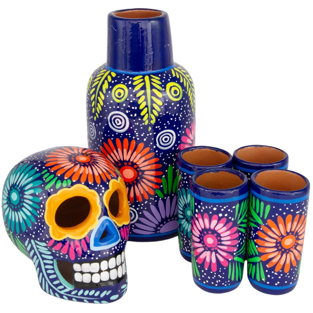 Hand-Painted Sugar Skull Top Decanter and Shot Glasses Set - Image 8