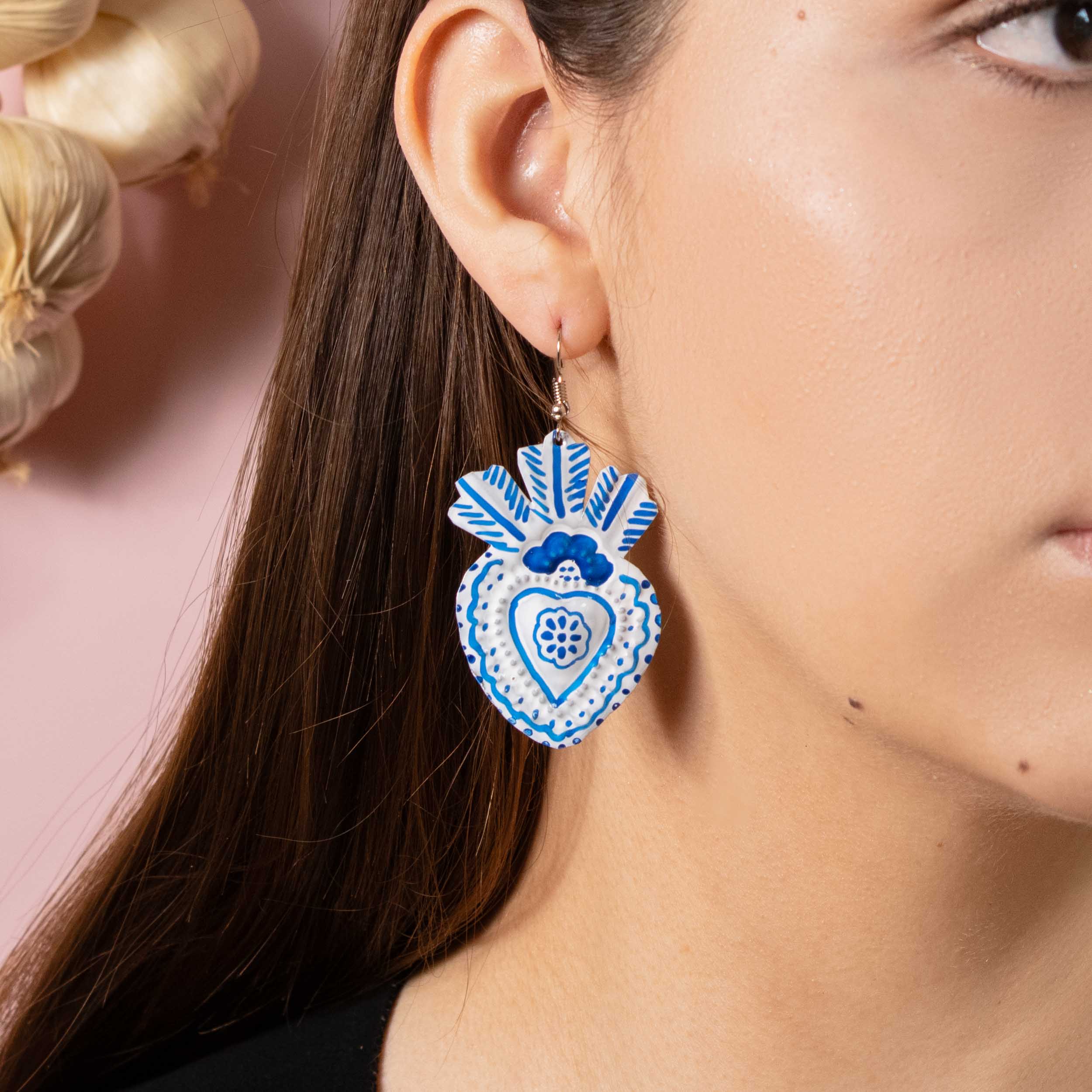 Talavera Heart Tin Art Milagro Earrings - Image 3