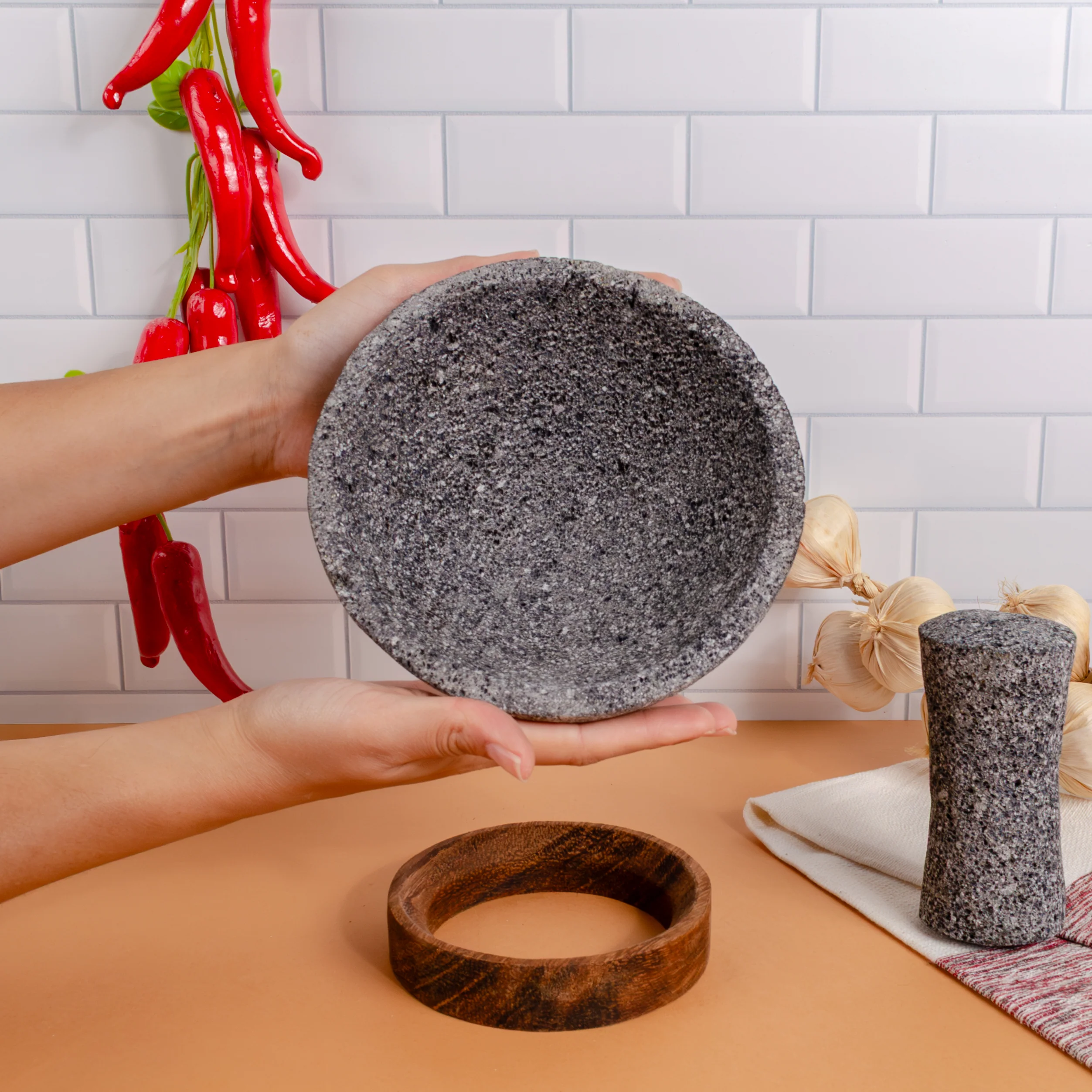 Volcanic Stone Molcajete with Wooden Base - Image 11
