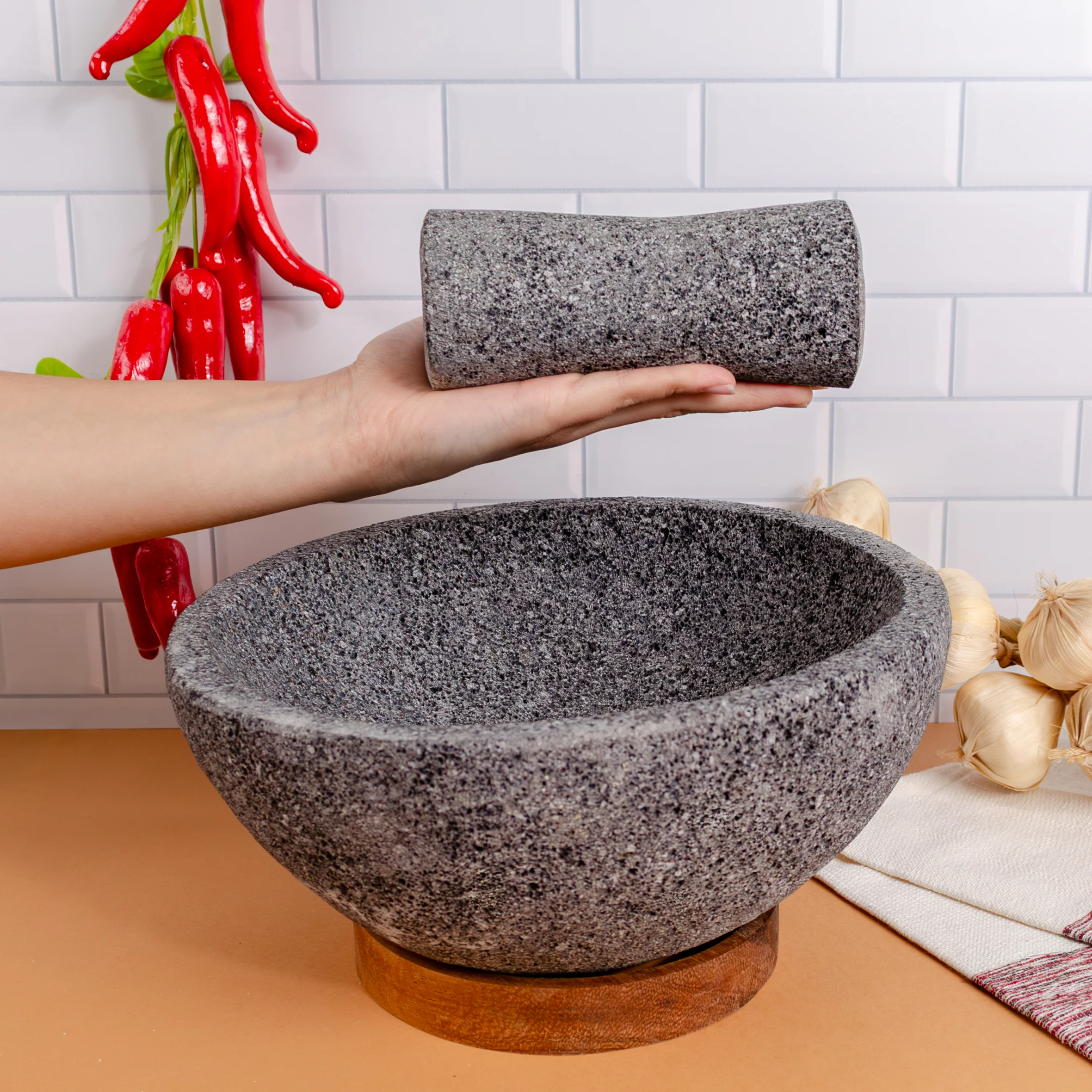 Volcanic Stone Molcajete with Wooden Base - Image 4