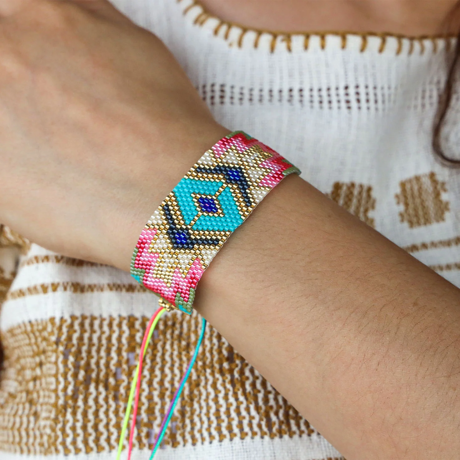 Wixárika Beaded Wide Adjustable Bracelet - Image 2