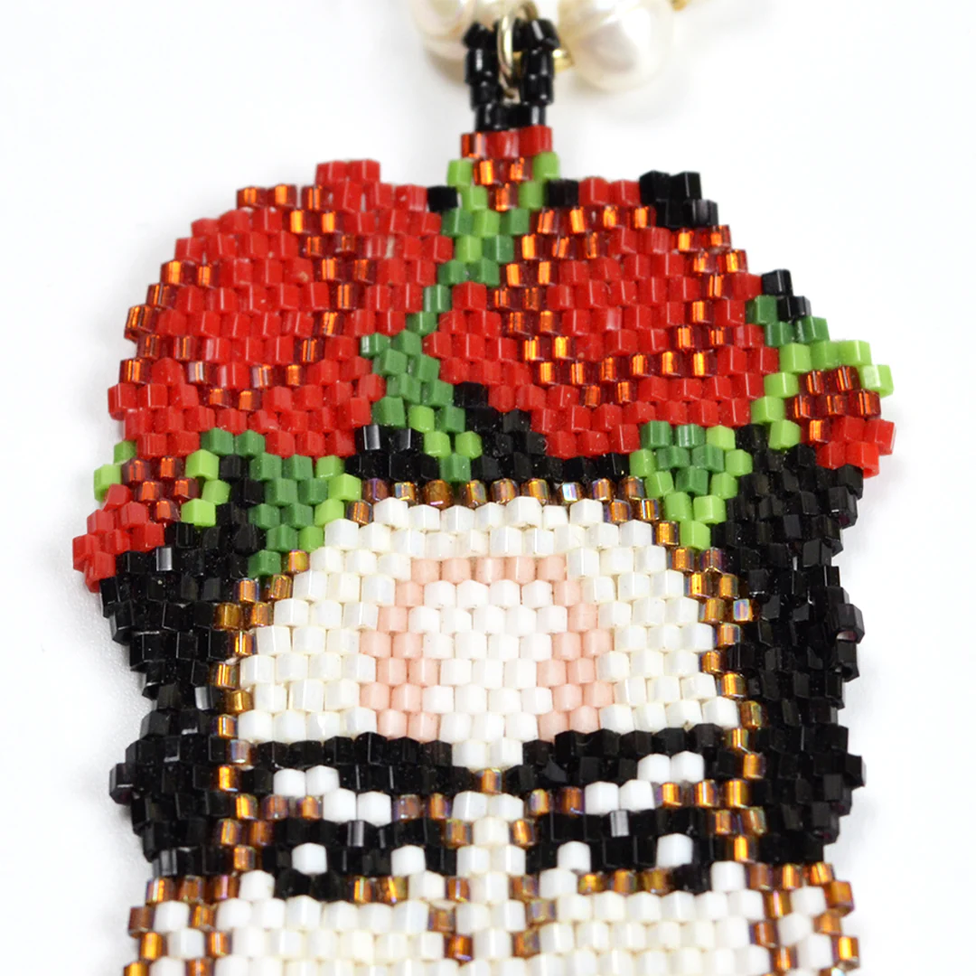 Wixárika Faux Pearl and Beaded Frida Pendant Necklace - Image 3